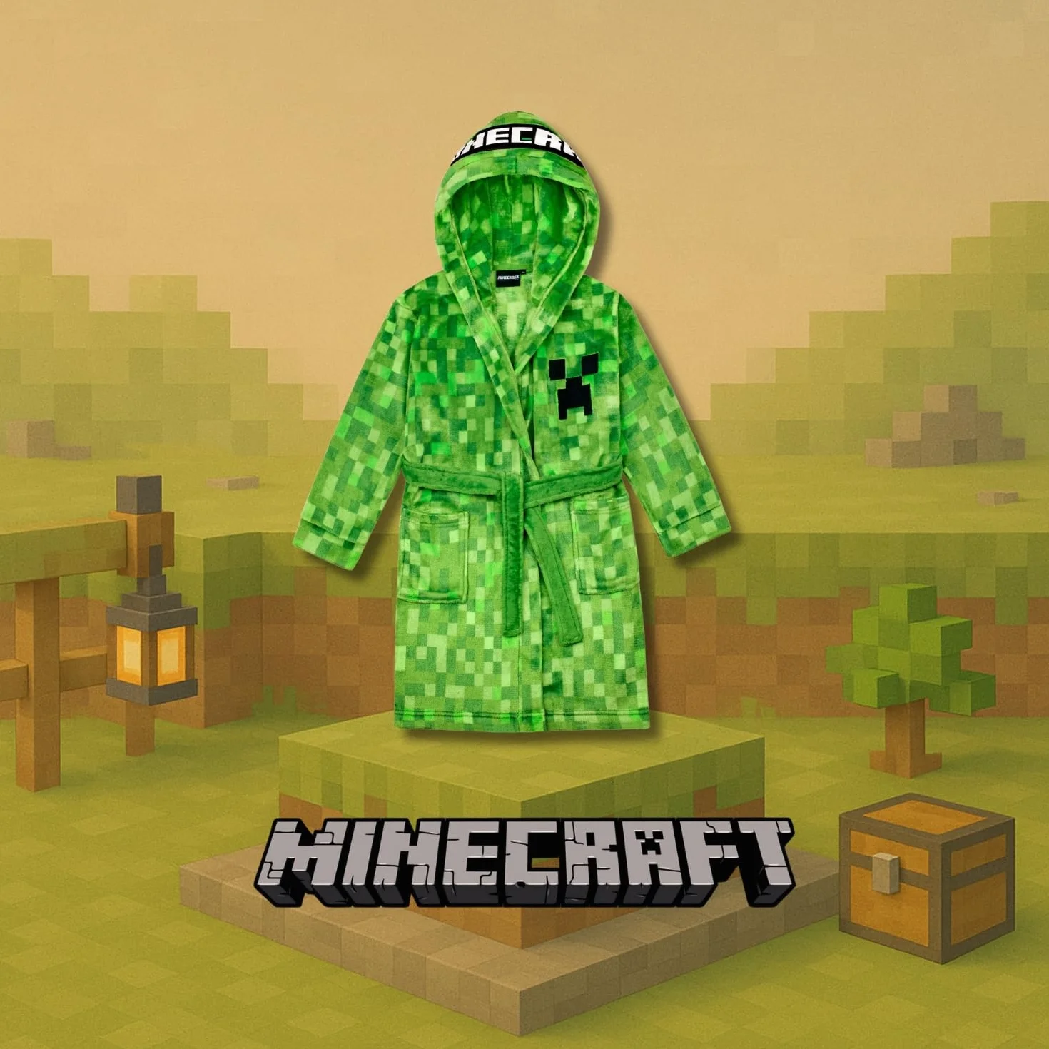 Minecraft Bademantel Kinder Jungen Fleece Morgenmantel mit Kapuze Creeper Design
