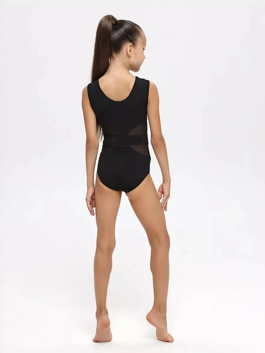 Turnanzug Mädchen ärmellos mit Mesh-Einsätzen & Glitzerband – für Rhythmische Sportgymnastik, Ballett & Tanz | 4-Wege-Stretch, atmungsaktiv, 92% Baumwolle, Schwarz