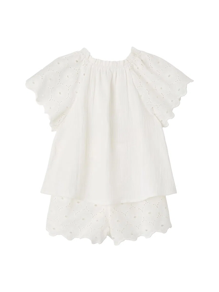 Vertbaudet Festlicher Mädchen-Set: Top und Shorts aus Musselin, Lochstickerei