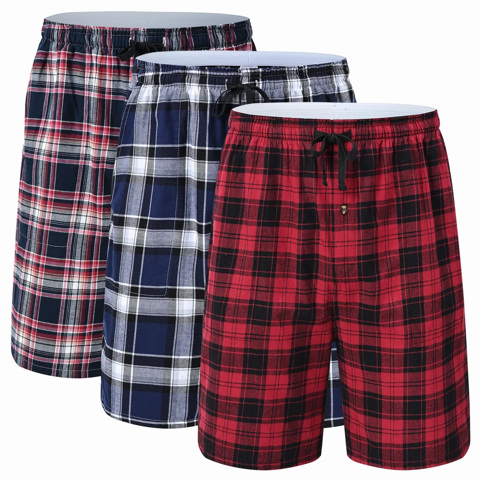 Huayuzh Schlafanzughose Herren Kurz Pyjama Baumwolle 3er Pack Kariert Schlafhose Weich Atmungsaktiv Taschen Knopfleiste