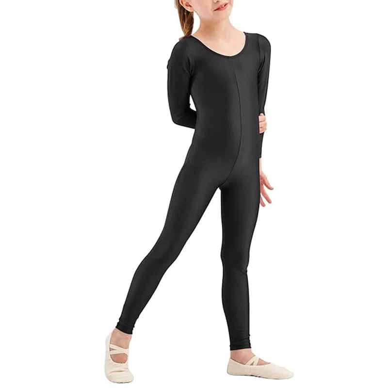 Damen Mädchen Kinder Glänzend Steigbügel Tanzkostüm Gymnastik Langarm Einteiler Catsuit