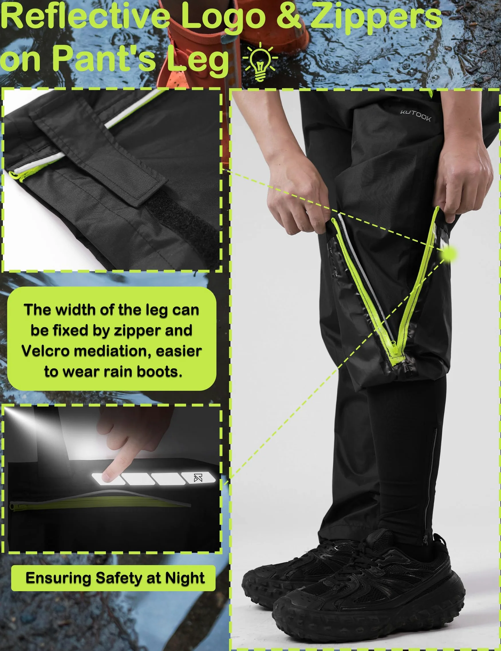 KUTOOK Fahrradhose Regenhose Wasseridicht Herren Waterproof Rating: 5000mm Atmungsaktiv mit 2 Taschen Wandern Motrrad Trekking Camping RP500