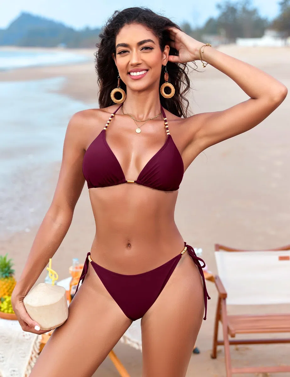 Svanco Triangel Damen Bikini Set mit Goldperlen, Neckholder Bikini Oberteil mit Polster und String Bikinihose zum Binden