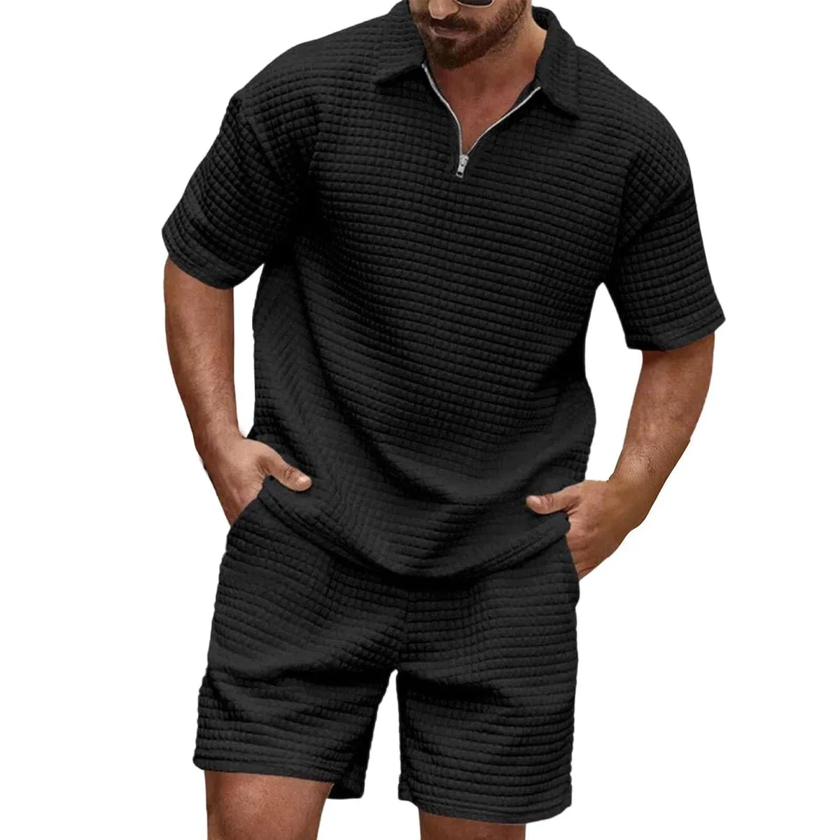 Generisch Herren Poloshirt mit Taschen Große Größen Bequem Waffel-Struktur Texturiert Atmungsaktiv Sommer Freizeit Anzug Herren Set 2-Teiler Bekleidung Neu
