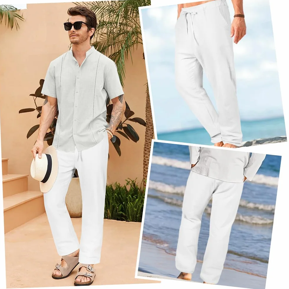 AUYAO Herren Baumwolle Sommerhose Lang Leichte Loosehose mit Taschen Kordelzug für Urlaub Strand Yoga Gehen Alltag - Weißhose Khaki Hosen M~XL