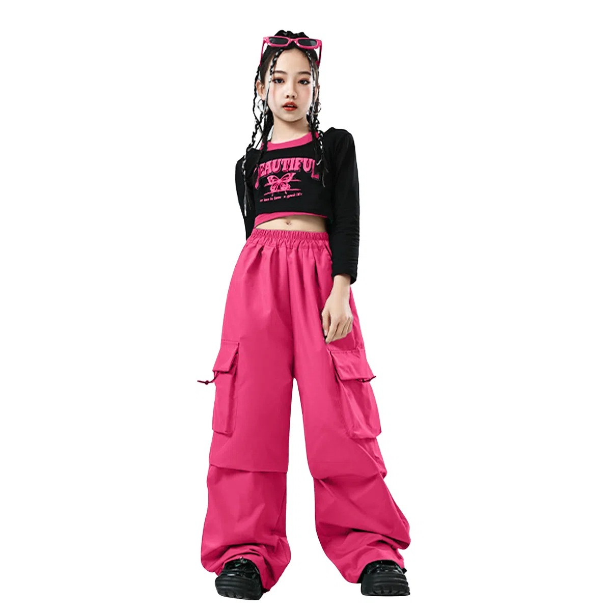 LOLANTA Mädchen Hip Hop Outfit, Bedrucktes Crop Top & Cargo Hose Tanz Set, Trendige Streetwear, 6-13 Jahre