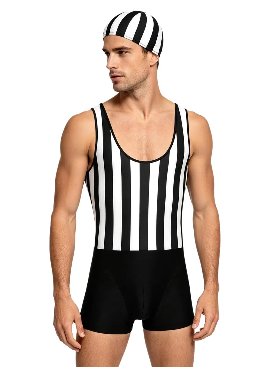 FEESHOW Herren Badeanzug Einteiler Schwimmanzug Retro Streifen Body Badekappe Set Shorty Overall Sport Surfen Schwimmkleidung