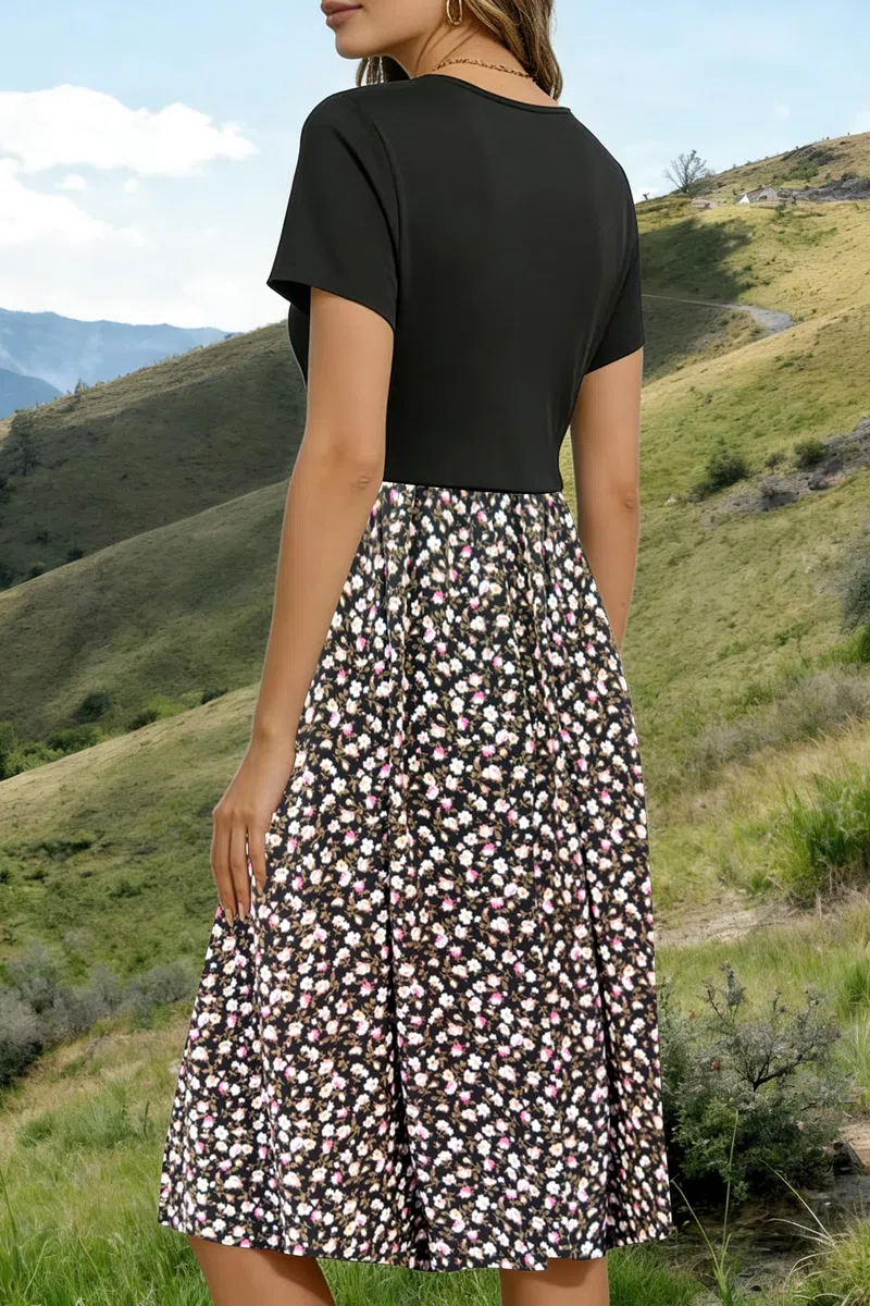 PARNIXS Damen Stillkleid Sommer Kurzarm Patchwork Schwangerschaft Kleidung mit Taschen