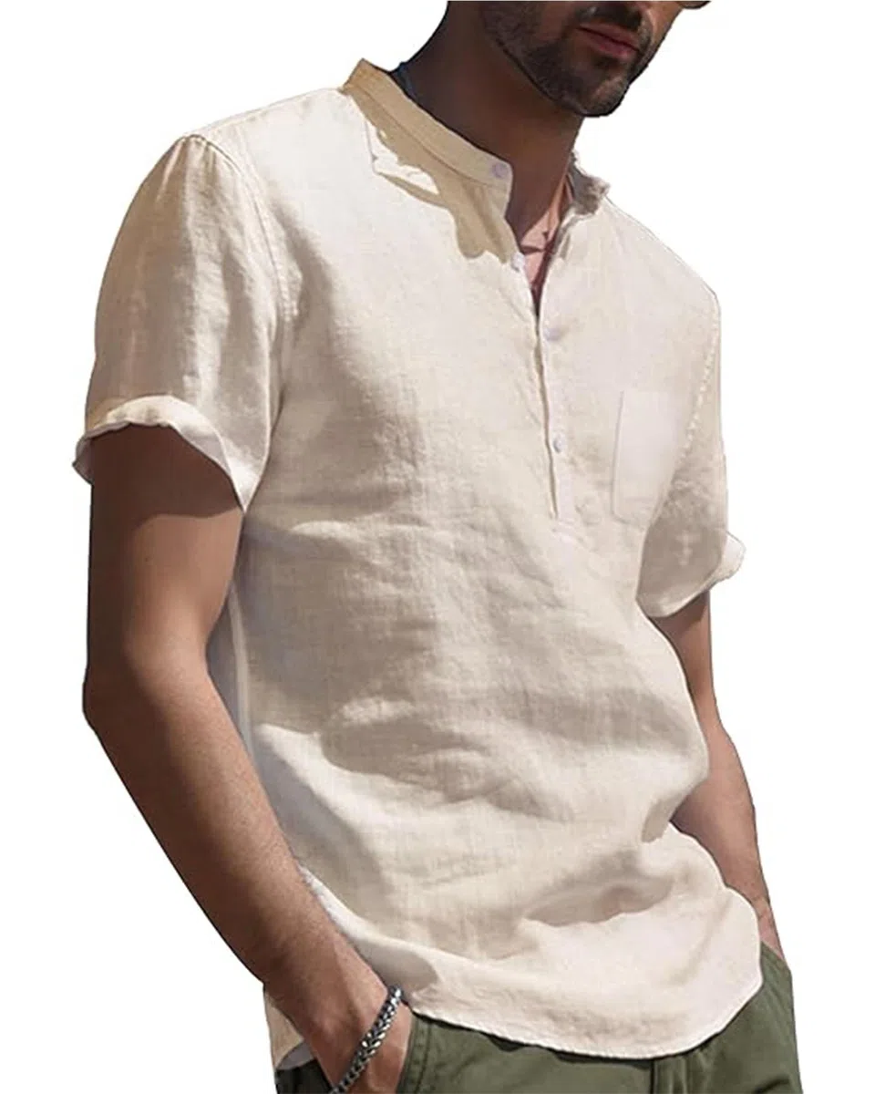 Leinen Hemd Herren Kurzarm Sommer Shirt Männer Henley mit Brusttasche Universal Fit M-3XL