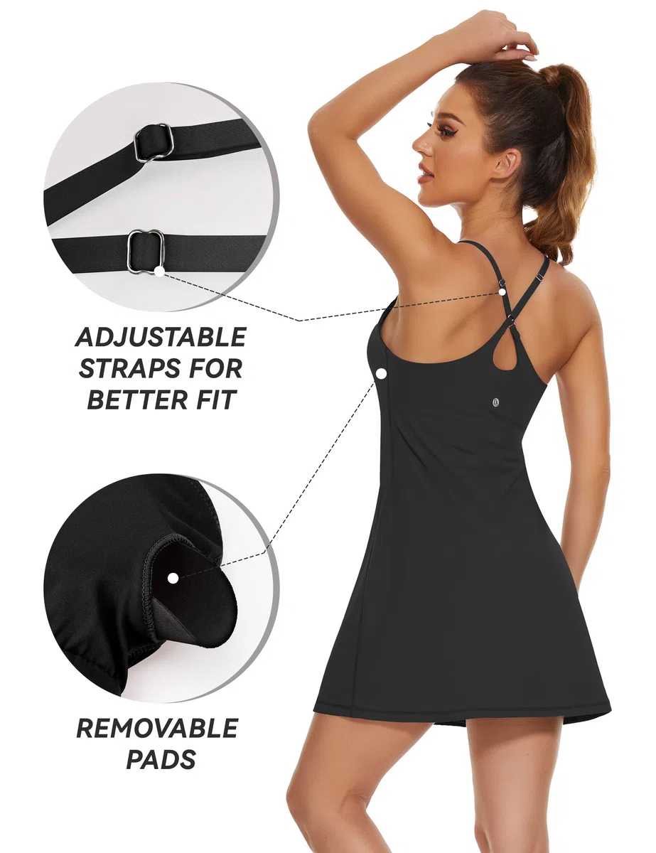 Desol Damen-Tenniskleid, Golf-Trainingskleid mit integrierten BH- und Shorts-Taschen, sportliche Trainingskleider mit verstellbaren Trägertaschen