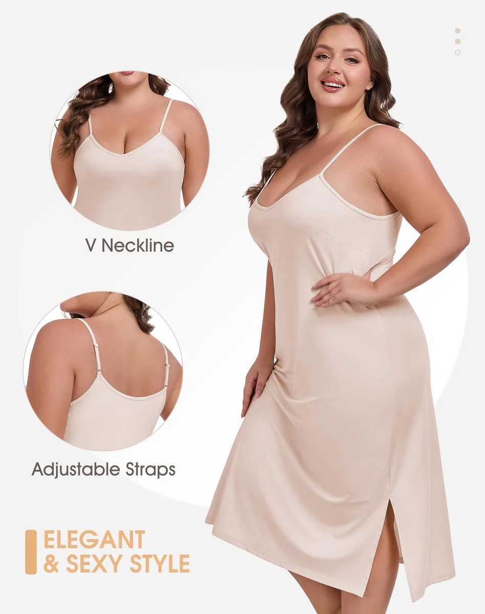 Unterkleid für Damen, Übergröße, verstellbarer Spaghettiträger, V-Ausschnitt, langer Slip, Cami-Nachthemd