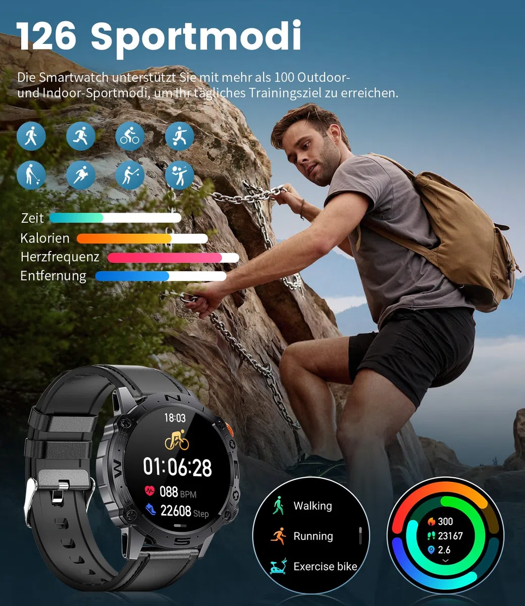 LIGE Smartwatch Herren mit Telefonfunktion für Android iOS 1.43'' Amoled HD Outdoor Sportuhr Smartwatch mit 110 Sportmodi,Pulsmesser/Schlafmonitor,IP68 Wasserdicht Schrittzähler,400mAh Batterie
