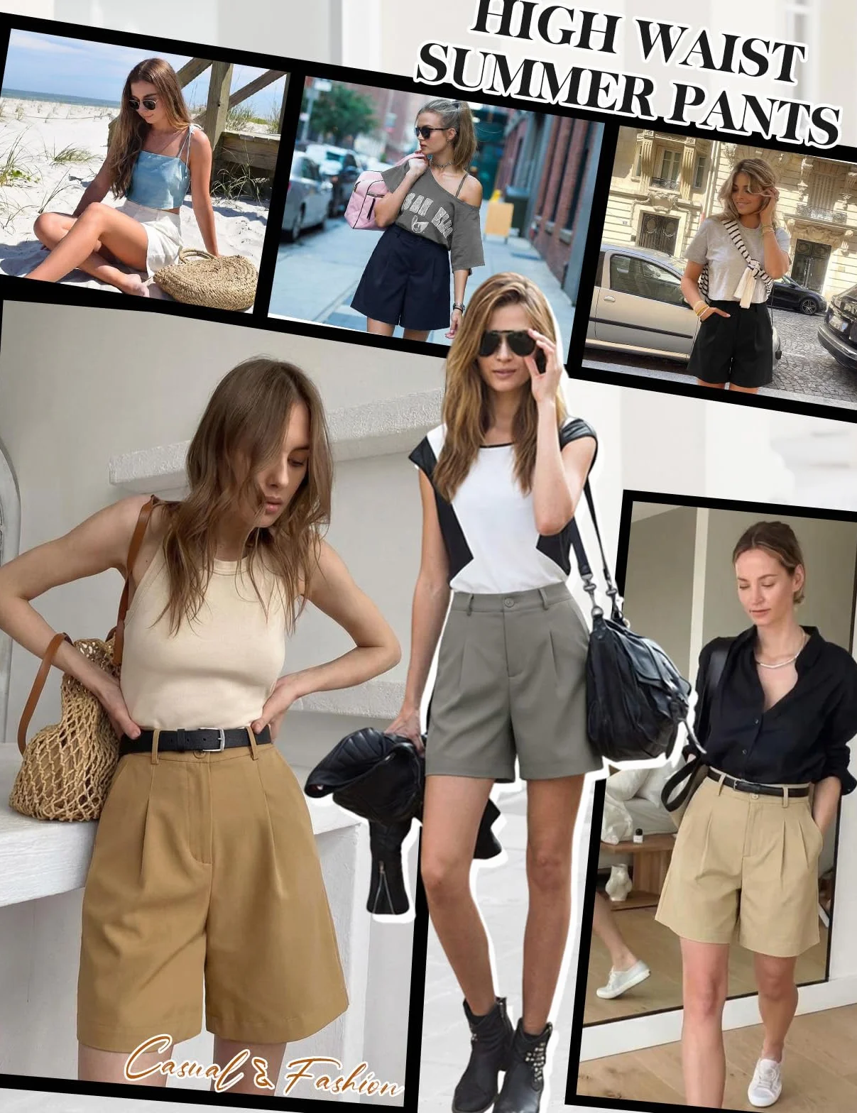 Bermuda Shorts Damen Lässig Elastische Hohe Taille Sommer Kurze Hose Einfarbig Weite Bein Kurze Hosen Casual Business Arbeitshose Cargohose mit Taschen Gürtelschlaufen