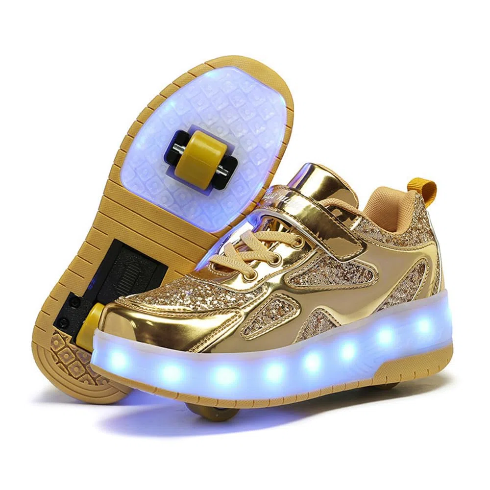 Kinder Schuhe mit Rollen für Jungen Mädchen 2-in-1 Rollschuhe Versenkbarer Doppelt Rollen Funkelnde Pailletten Outdoor Sportschuhe Roller Schuhe Turnschuhe Skateboardschuhe