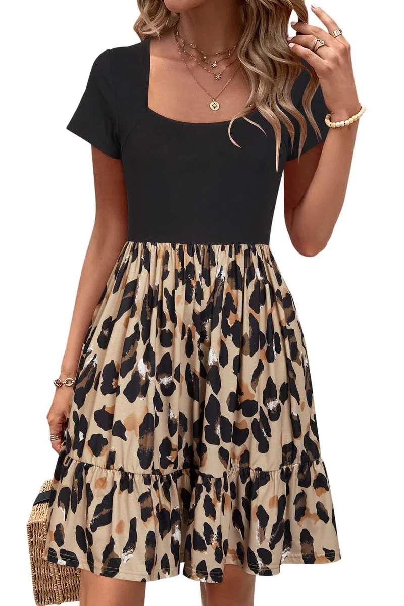 Newshows Sommerkleid Damen Knielang Sommer Kurzarm Kleid Quadratischer Ausschnitt Elegant Strandkleid Mit Taschen