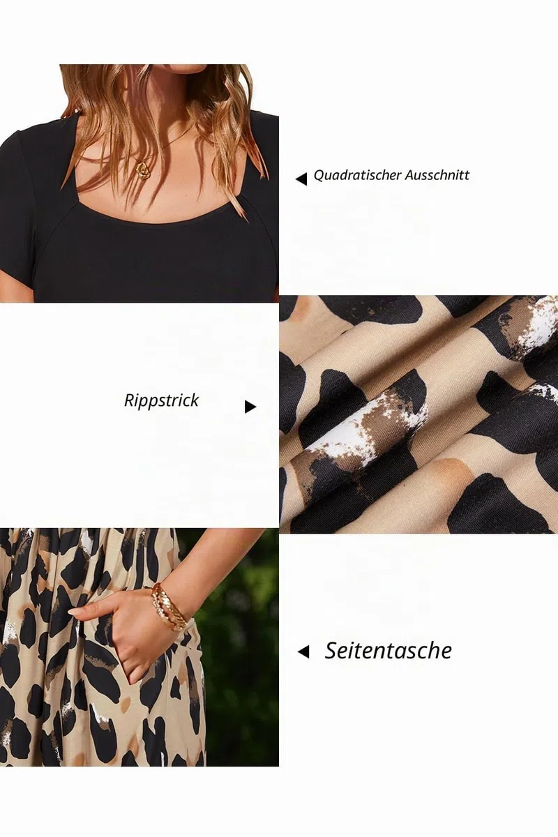 Newshows Sommerkleid Damen Knielang Sommer Kurzarm Kleid Quadratischer Ausschnitt Elegant Strandkleid Mit Taschen