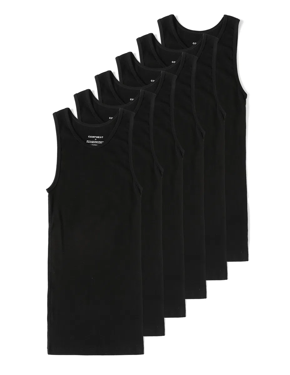 Comfneat Herren 6-Pack Elastisch Tank Tops Eng Anliegende Unterhemden | Bauwolle Elasthan, Extra Lange, Ärmellose