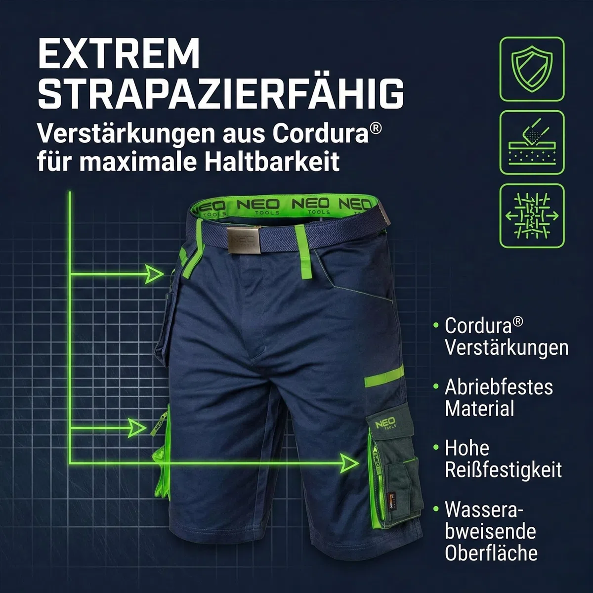 NEO TOOLS Herren Premium Kurze Arbeitshose mit Hosengürtel oder Komplett Sommer-Arbeitskleidungsset Set - Gr. XS - 3XL | Modisches Design, mit Cordura Verstärkt, Multifunktionstaschene