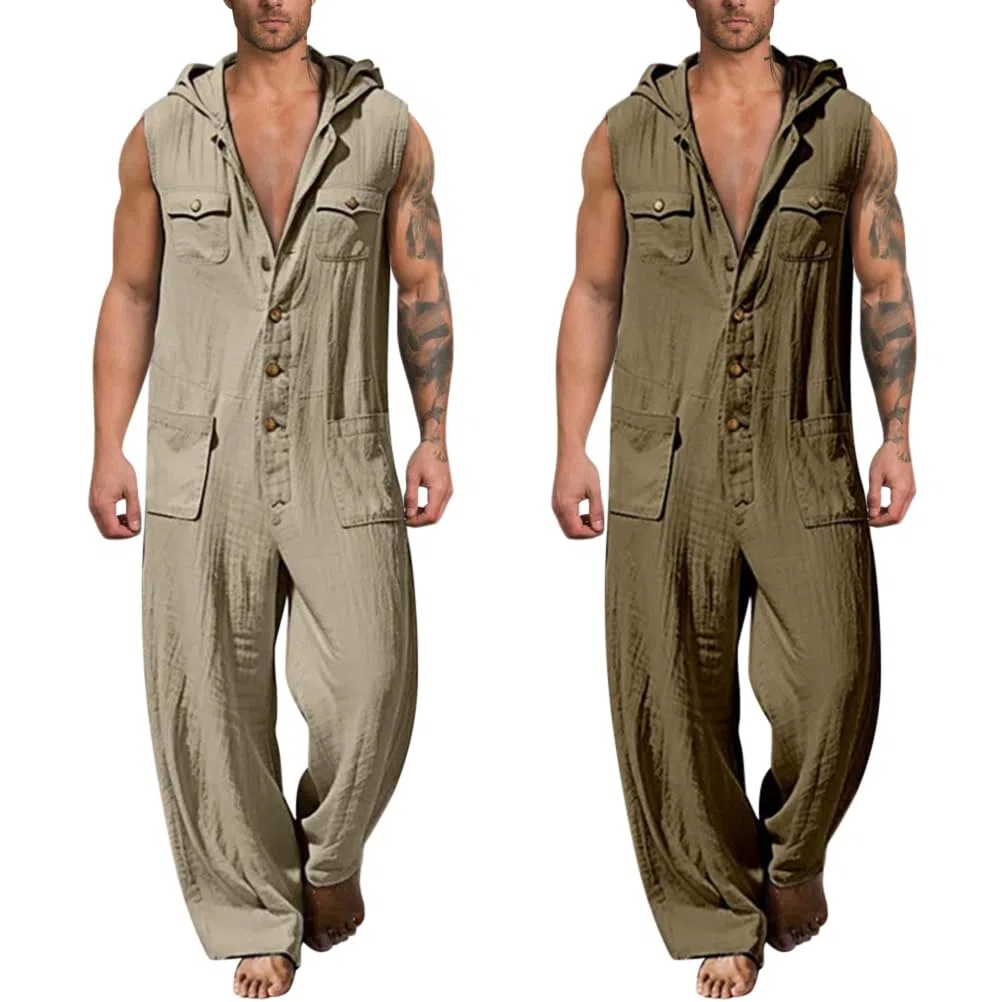 Herren Overalls Einteiliges Strampler mit Kapuze Sommer Jumpsuit Ärmellos Einfarbig Set Hose Lang mit Taschen Mode Casual Overall Hemd Baumwolle Leinen One-piece Schlafanzug