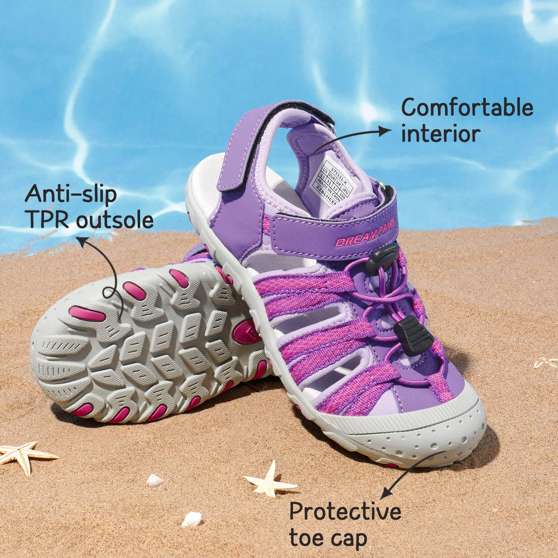 DREAM PAIRS Kinder Jungen und Mädchen Sandalen Outdoor Sportsandalen Strandsandalen Schwarz Klassische Sandalen Klettverschluss Atmungsaktiv Verschleißfest,Size 33.5,Alles Lila,171111-K