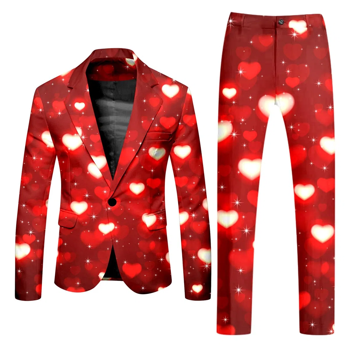 Herren-Valentinstag Anzug, 2 Teilig Slim Fit Herrenanzug Herz-Print und Hose 2-teiliger Party Kostüm für Männer Herz/Love Druck Blazer Elegante Slim Fit für Valentinstag Party Outfits
