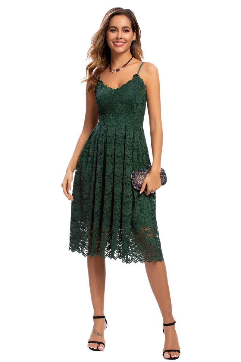 Atnlewhi Damen Vintage ärmellosen V-Ausschnitt A-Linie Kleid Blumen Knielang Spitzenkleid Brautjungfer Elegante Cocktailkleider