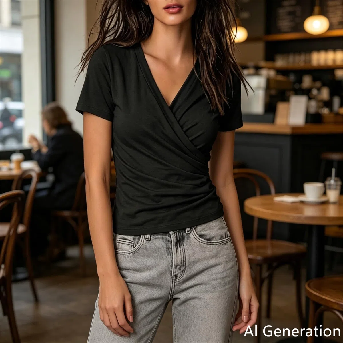 Vielseitiges Damen-T-Shirt mit überkreuztem V-Ausschnitt, Falten und kurzen Ärmeln