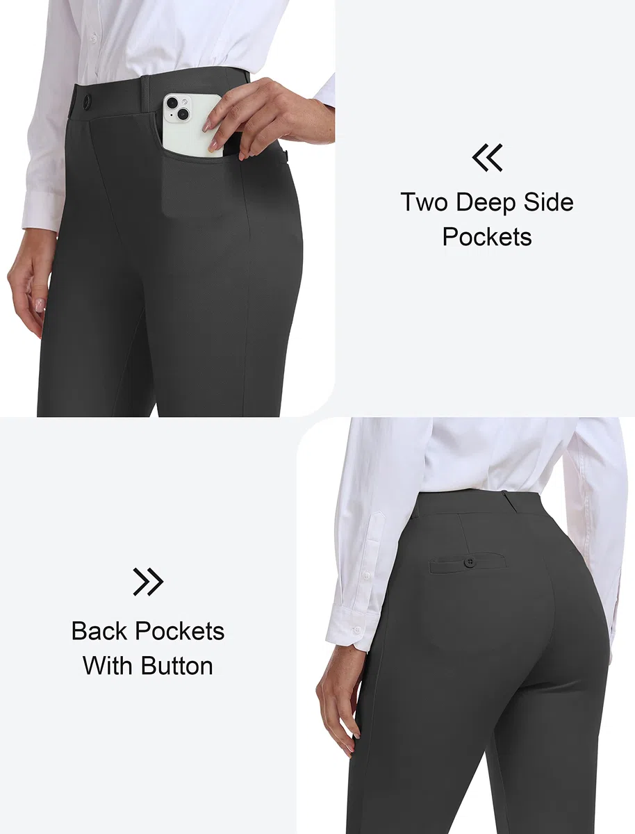 Damen Hosen für Business Stretch Freizeithose High Waist Straight Yoga Bürohose Slim Fit Capri Hosen mit Taschen Schwarzgrau S