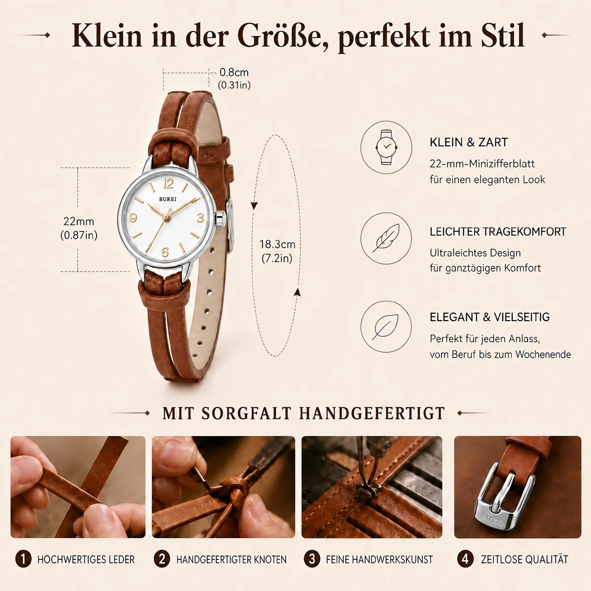 BUREI Mini Armbanduhr Damen Klein mit Lederarmband – Japanisches Quarzwerk & Handgemachtes Echtleder – Elegante Analog Uhr
