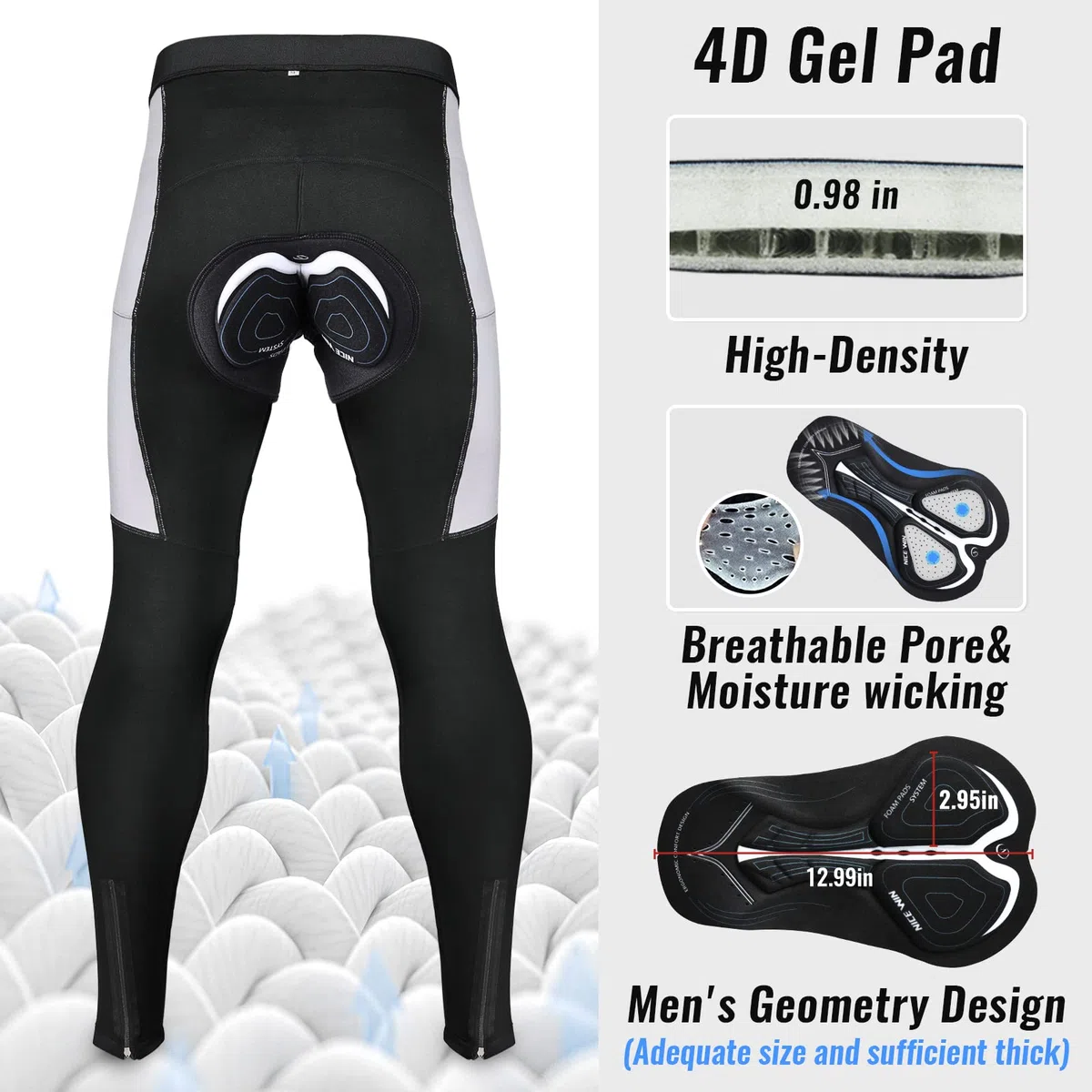 NICEWIN Radlerhose Fahrradhose Herren Lang mit Sitzpolster 4D Gepolsterte Winter Thermo Radhose Atmungsaktiv stoßfeste Tights Elastisch Hosen