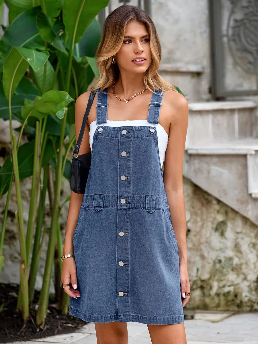 Glamaker Damen Denim Overall Kleid Jeans Ärmellos 2025 Mini Latzhose Casual Knopf Kleid mit Tasche