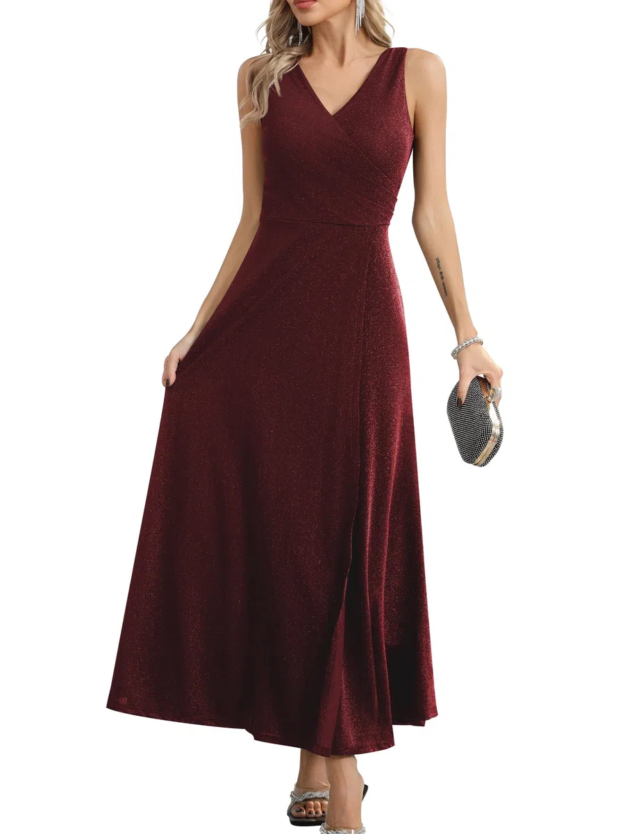 Missufe Damen Elegant Wickelkleid Abendkleid Cocktailkleid Ballkleid Maxikleid Lang Hochzeit Festlich V-Ausschnitt Kleider mit Schlitz