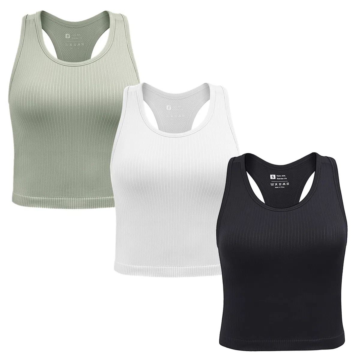 2/3/4er Damen Sport Tops mit integriertem BH Rippiertes Racerback Tank Top Nahtloser Atmungsaktiver Crop Top Camisole für Fitness, Yoga, Gym & Alltag
