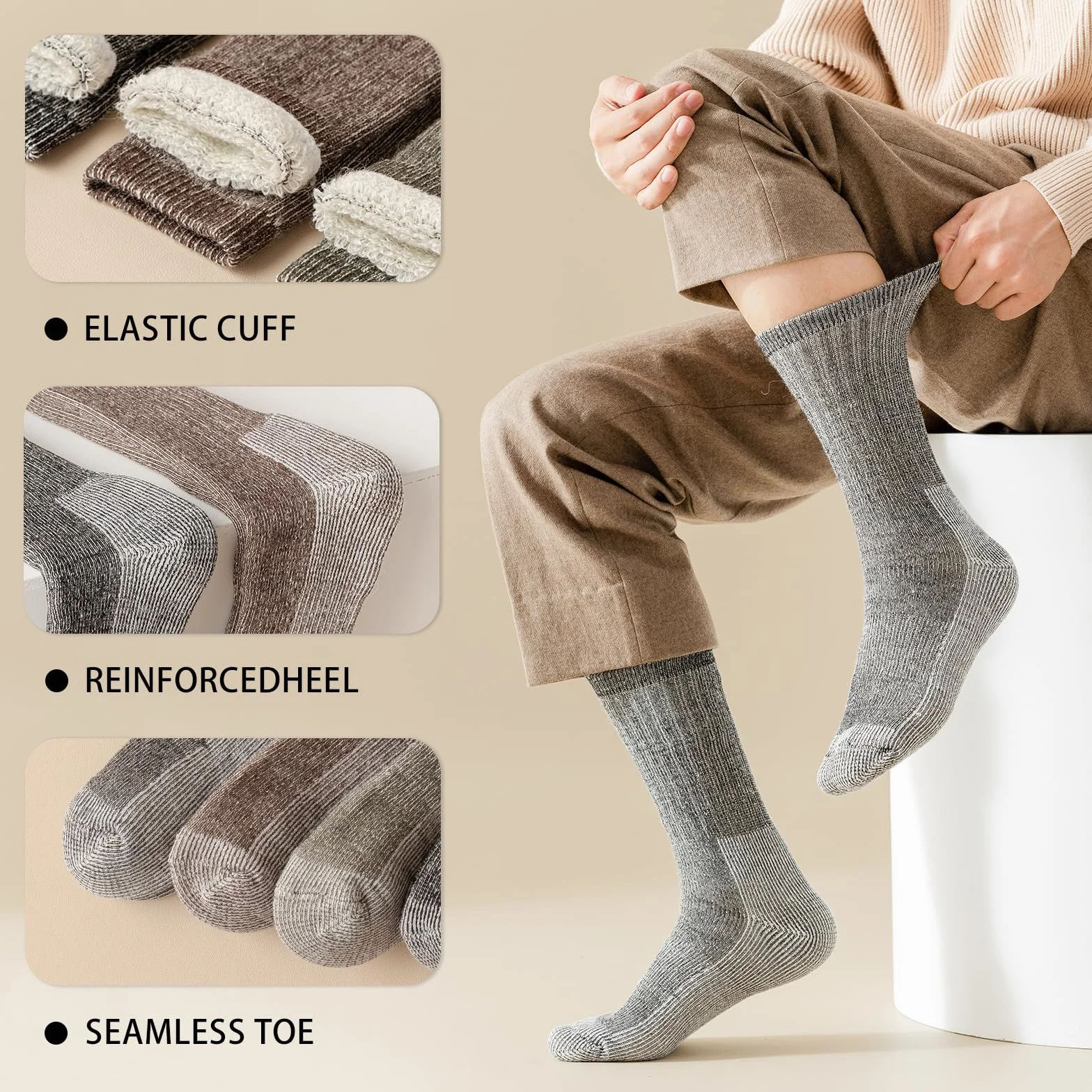 Vihir 3 Paar Wolle Socken Herren - Lange Röhre Wolle Sport Socken für Skifahren, Trekking, Wandern 37-42, 41-46