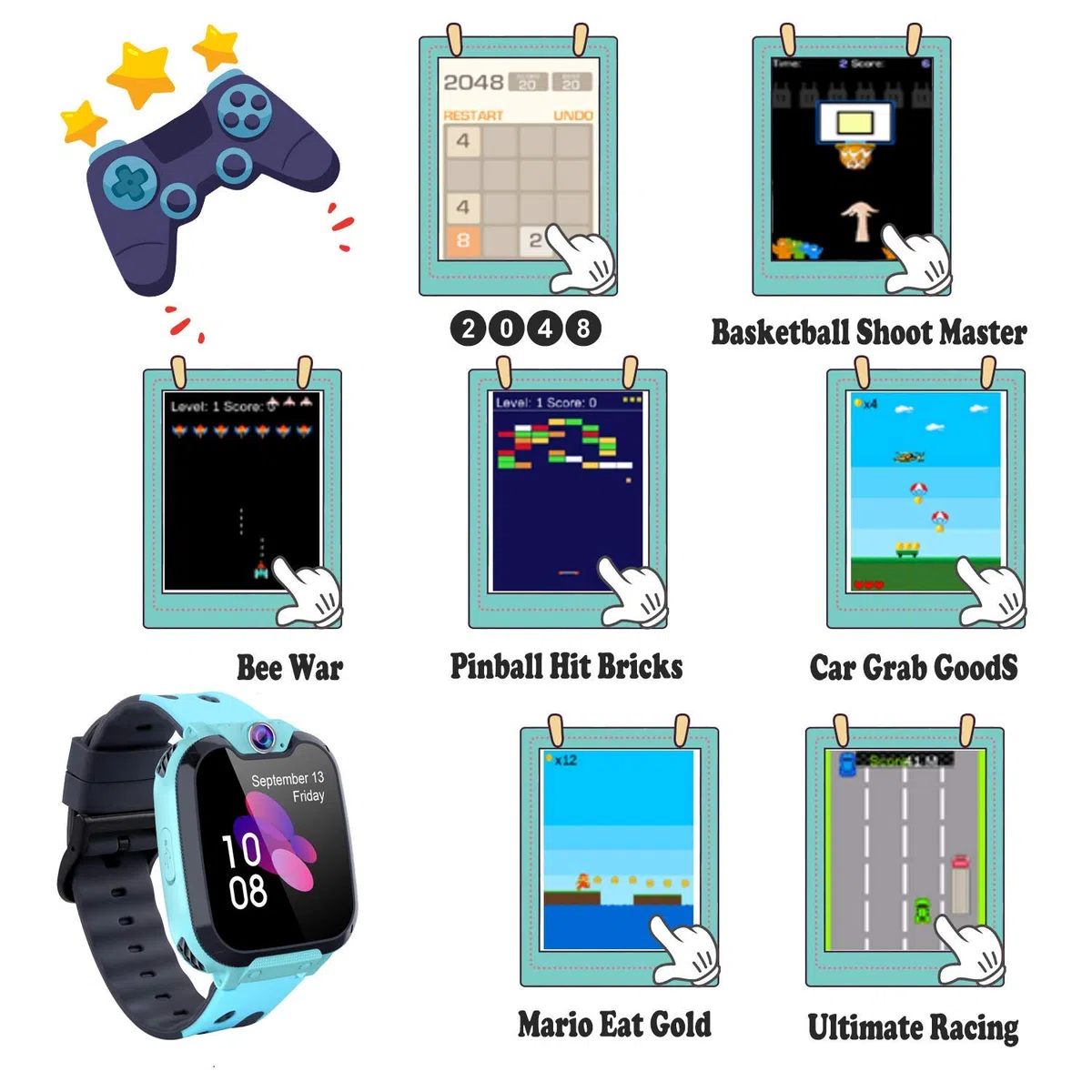 PTHTECHUS Kinder Smartwatch Telefon - Smartwatch Kinder Uhr Telefon Anruf Mit SOS Schrittzähler Videorecorder Taschenlampe MP3-Musik 7 Spiele Wecker, Geschenke für Mädchen von 6-10 Jahren, Blue