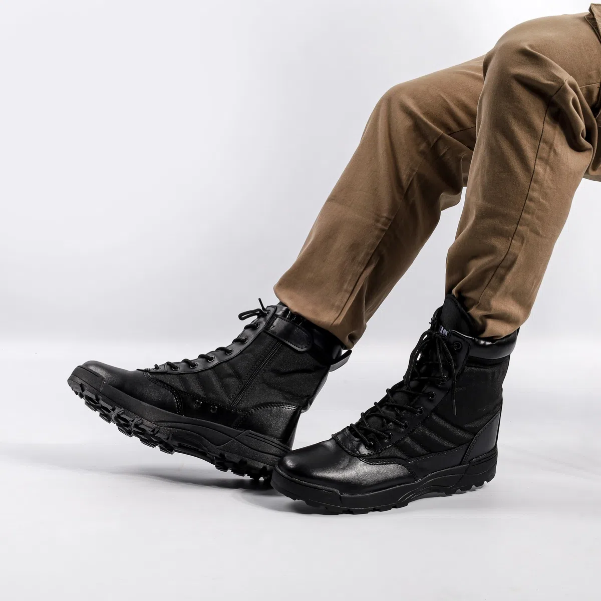 MIG Herren Militärstiefel mit seitlichem Reißverschluss und Schnürung, taktische Kampfstiefel für Arbeit, Sicherheit, Kadett, Polizei, Militär.