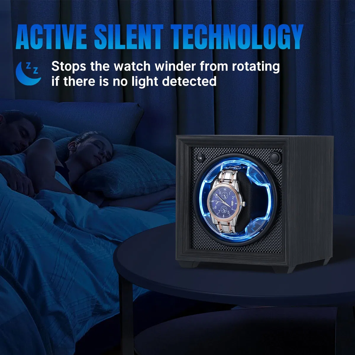 Isili Einzel Uhrenbeweger für Automatische Uhren, Auto Start-Stop Uhr Winders Box für Liebhaber, mit Quiet Motor 2 Rotation Mode Einstellung, blaues Licht, Geschenk für Vatertag