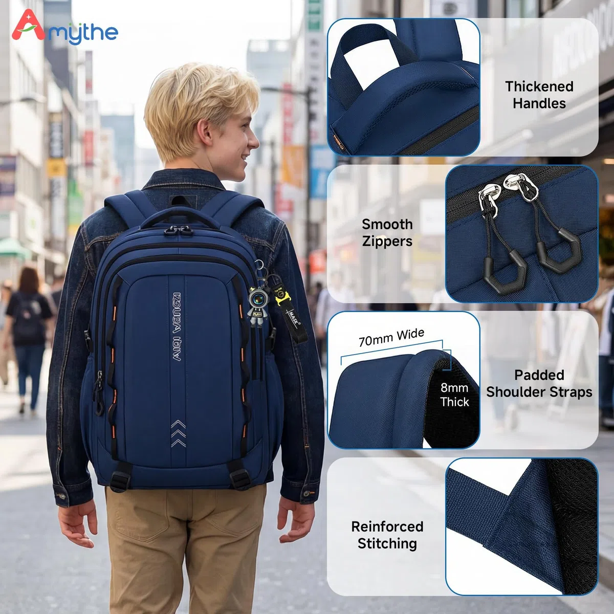 Amythe Schulrucksack Jungen Teenager - Wasserdichter Leichter 35L Großer Rucksack für Gymnasium mit 15,6 Zoll Laptopfach und Trolley-Gurt - Ideal für Schule und Reisen, Blau