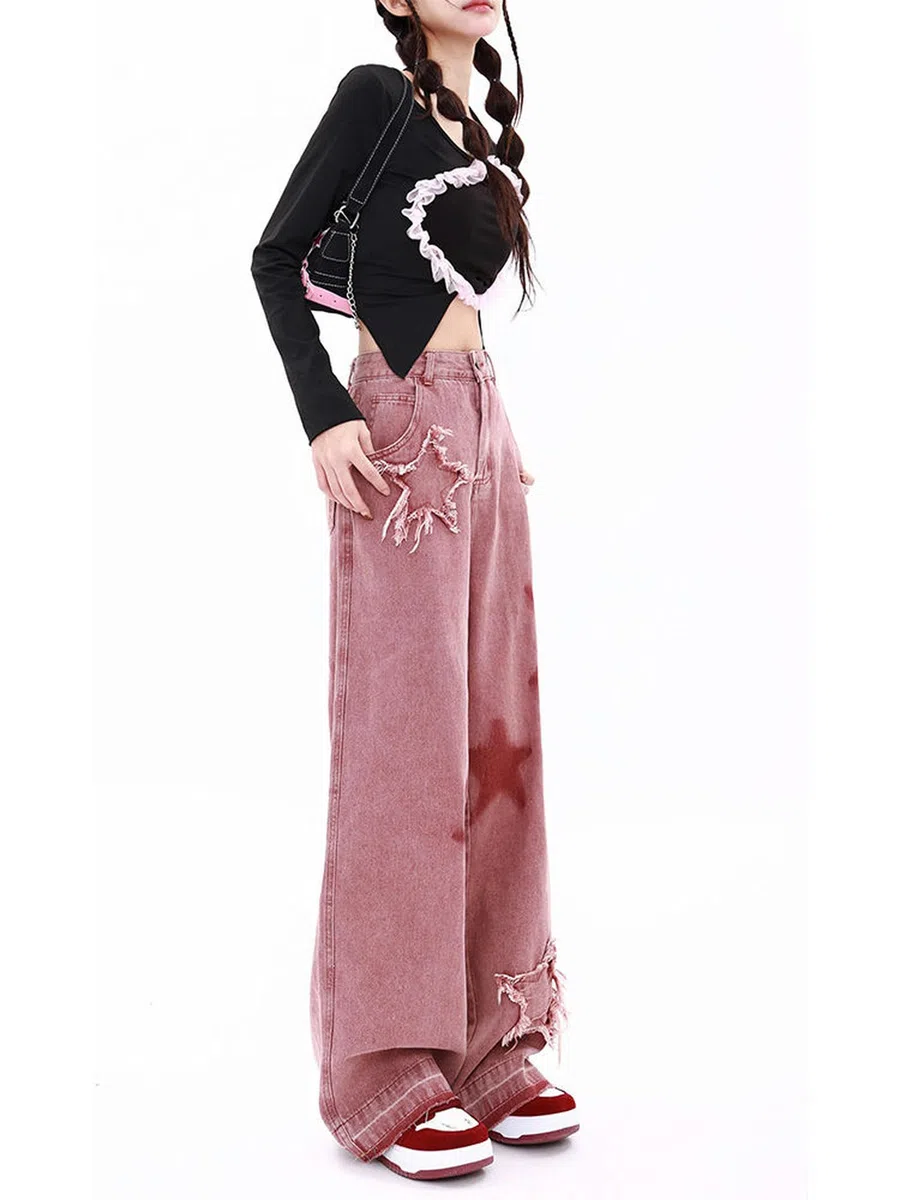 Herbst rosa Damenjeans High Street Retro Stern Bestickt Sweet Girl Style Hose lockere Mode Hose mit weitem Bein weiblich 2023-Rostrot-S