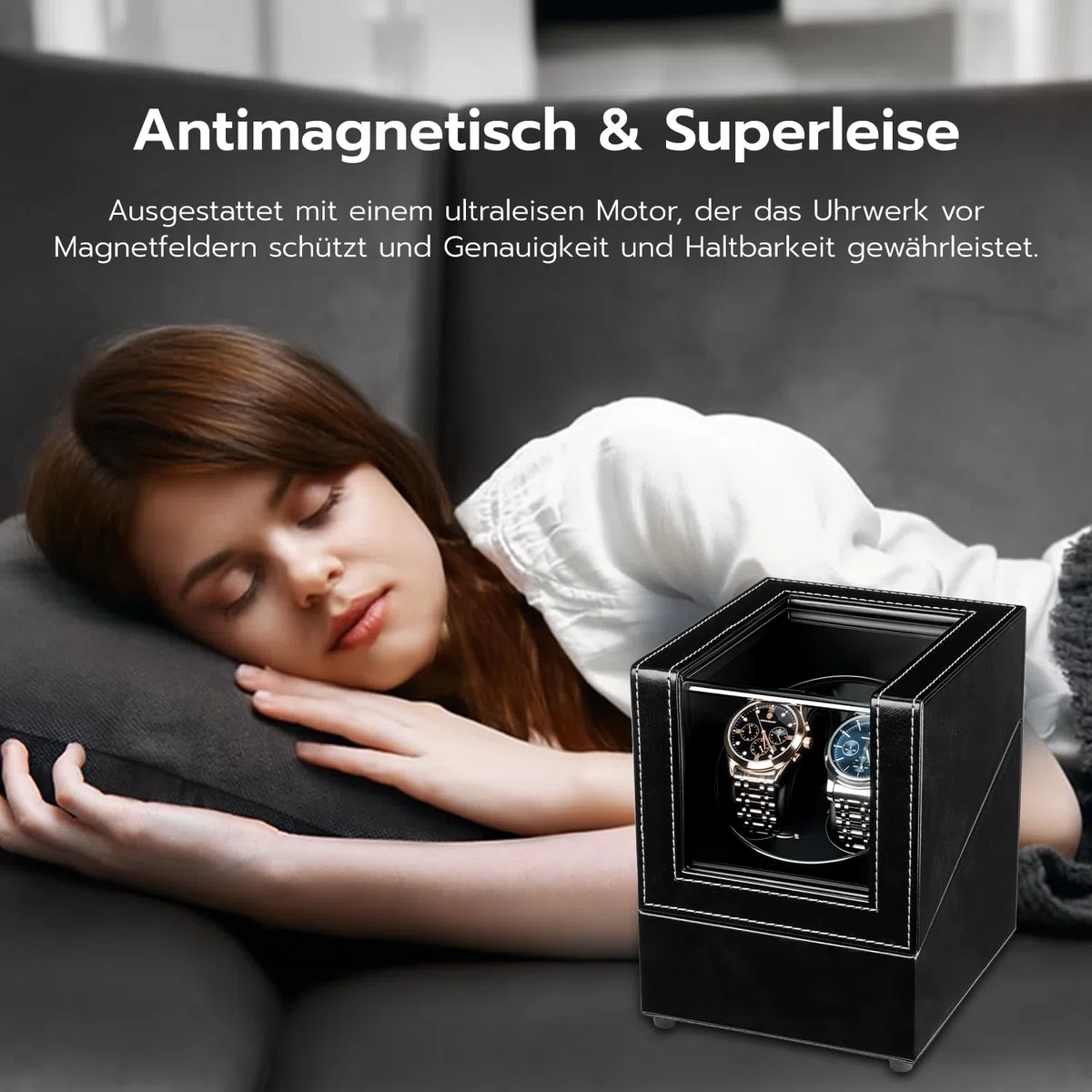 Mcbazel Uhrendreher 2 Uhren Automatik, Watch Winder Box mit LED-Licht 5 Modi Automatisch Drehbares Automatische Uhrenbeweger Leiser PU Leder für Automatikuhren Herren Damen – Schwarz