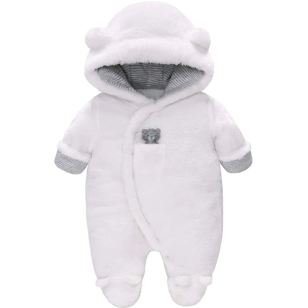 Baby Winter Schneeanzug Baby Strampler, Junge und Mädchen Einteiliger Anzug mit Kapuze, Kleinkind Oberbekleidung Schneeanzug Set Dick und Warm,Weiß 6-9 Monate