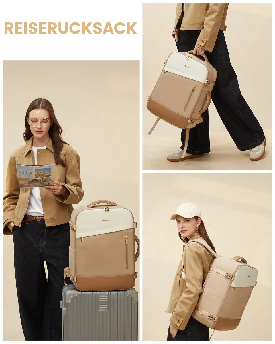 LOVEVOOK Ryanair Handgepäck 40x30x20, 24L Travel Handgepäck Rucksack für Damen, Erweiterbares Design, Ryanair Rucksack, Reiserucksack Cabin Bag für Eurowings, Wizz Air - Khaki