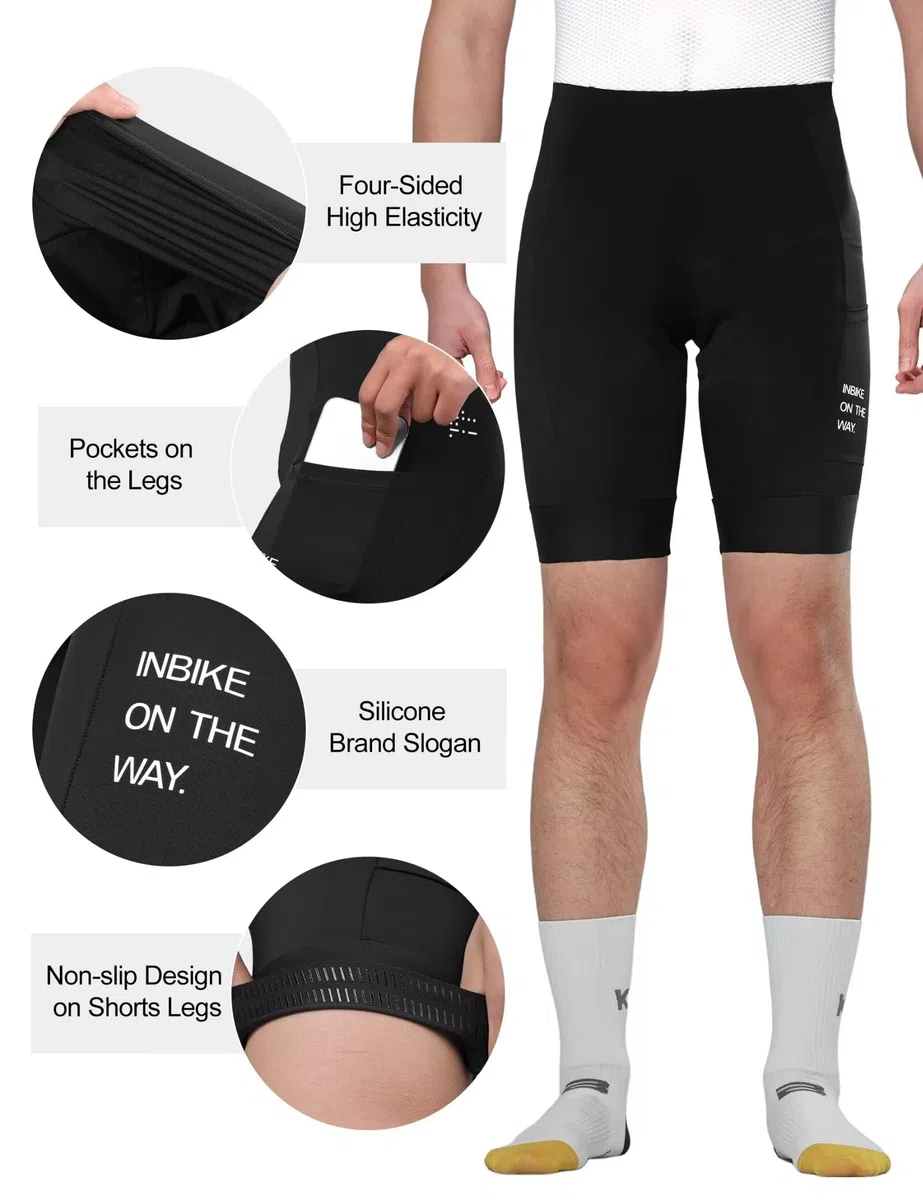 INBIKE Fahrradhose für Herren, 3D-gepolstert, atmungsaktiv, schnell trocknend, leicht, mit 2 Taschen