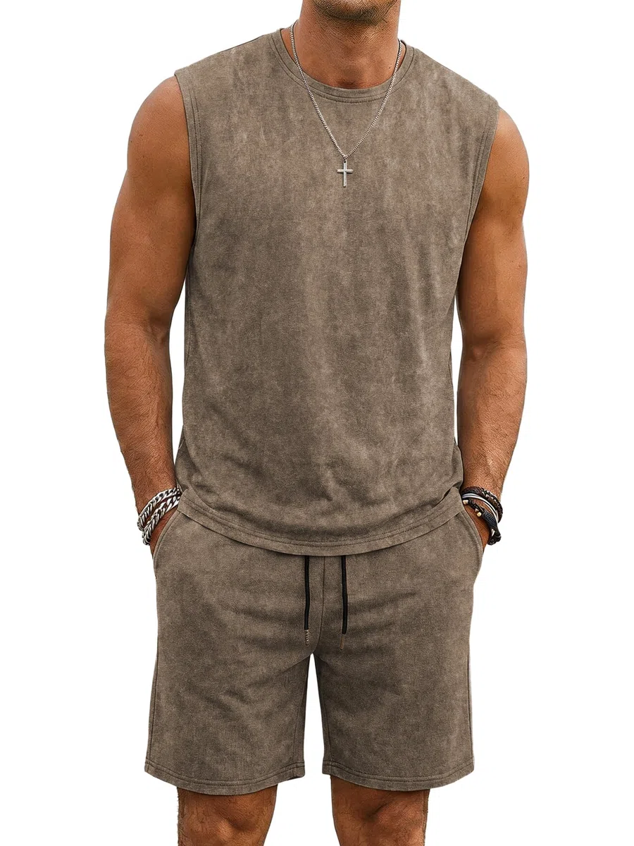JMIERR Herren 2 Pcs Wasserwäsche Tanktop Outfits Baumwolle ärmellos T-Shirt und Short Vintage Sommer Set S-3XL