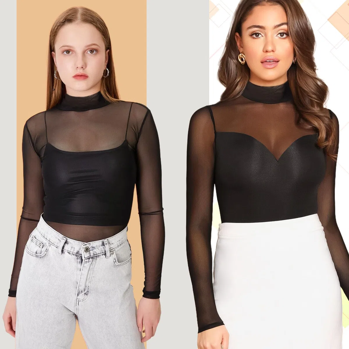 Damen Body - Sexy Sheer Mesh Langarm, Durchsichtiger Netzstoff-Bodysuit, Tops Unterziehbody Langarmbody für Frauen