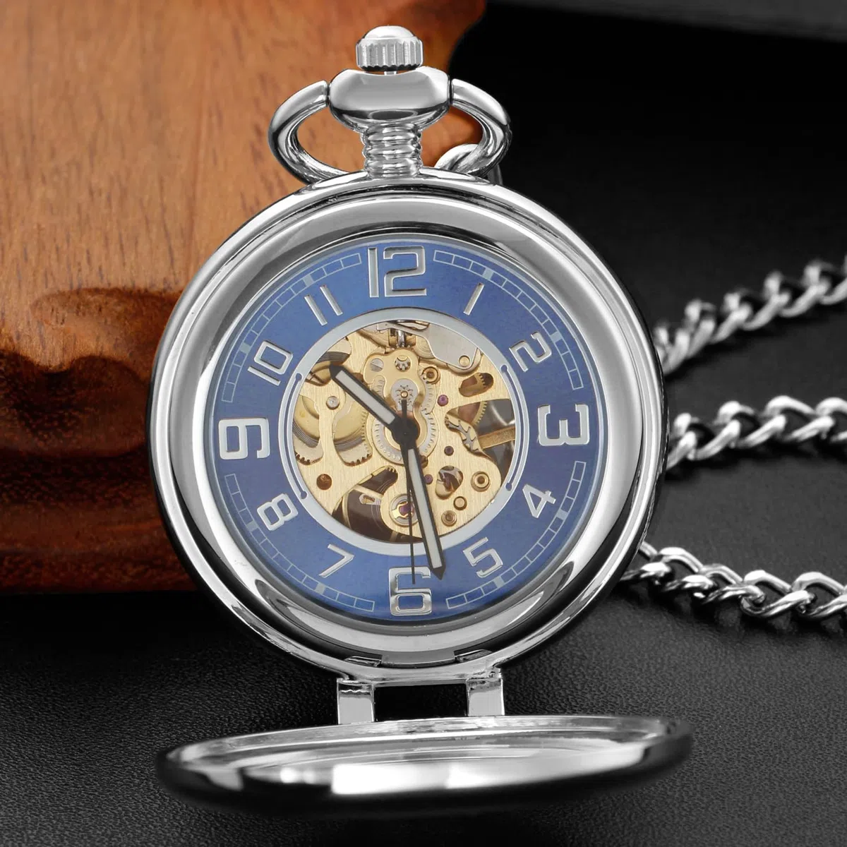 Bronze Men's Antique Mechanical Pocket Watch, Skeleton Mechanical Roman Numerals Pocket Watch with Chain + Box