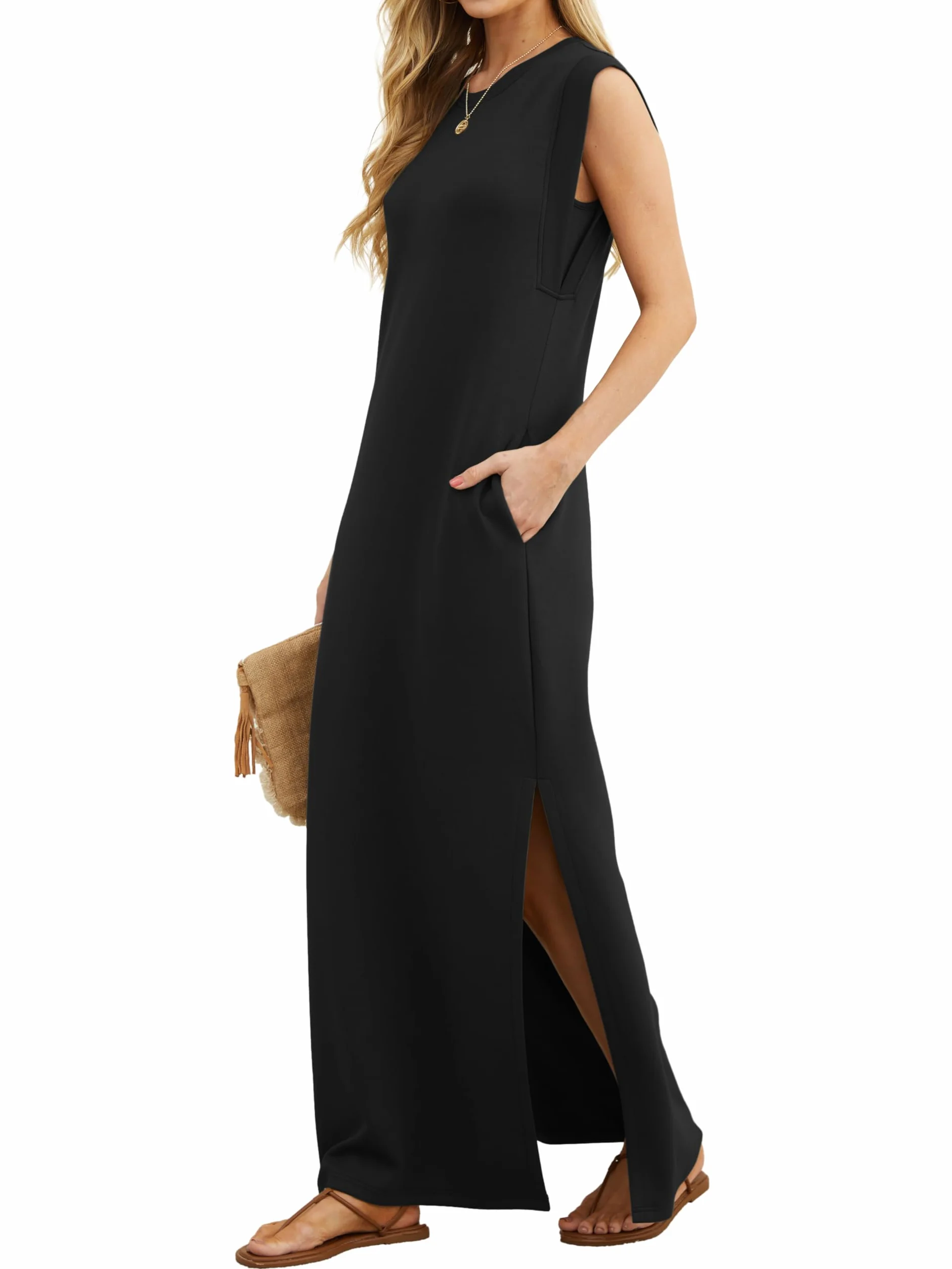 GRECERELLE Damen Sommer Maxikleid lässig Hemdkleider Elegante Stile ärmellos Maxikleider für Damen mit Schlitz und Taschen