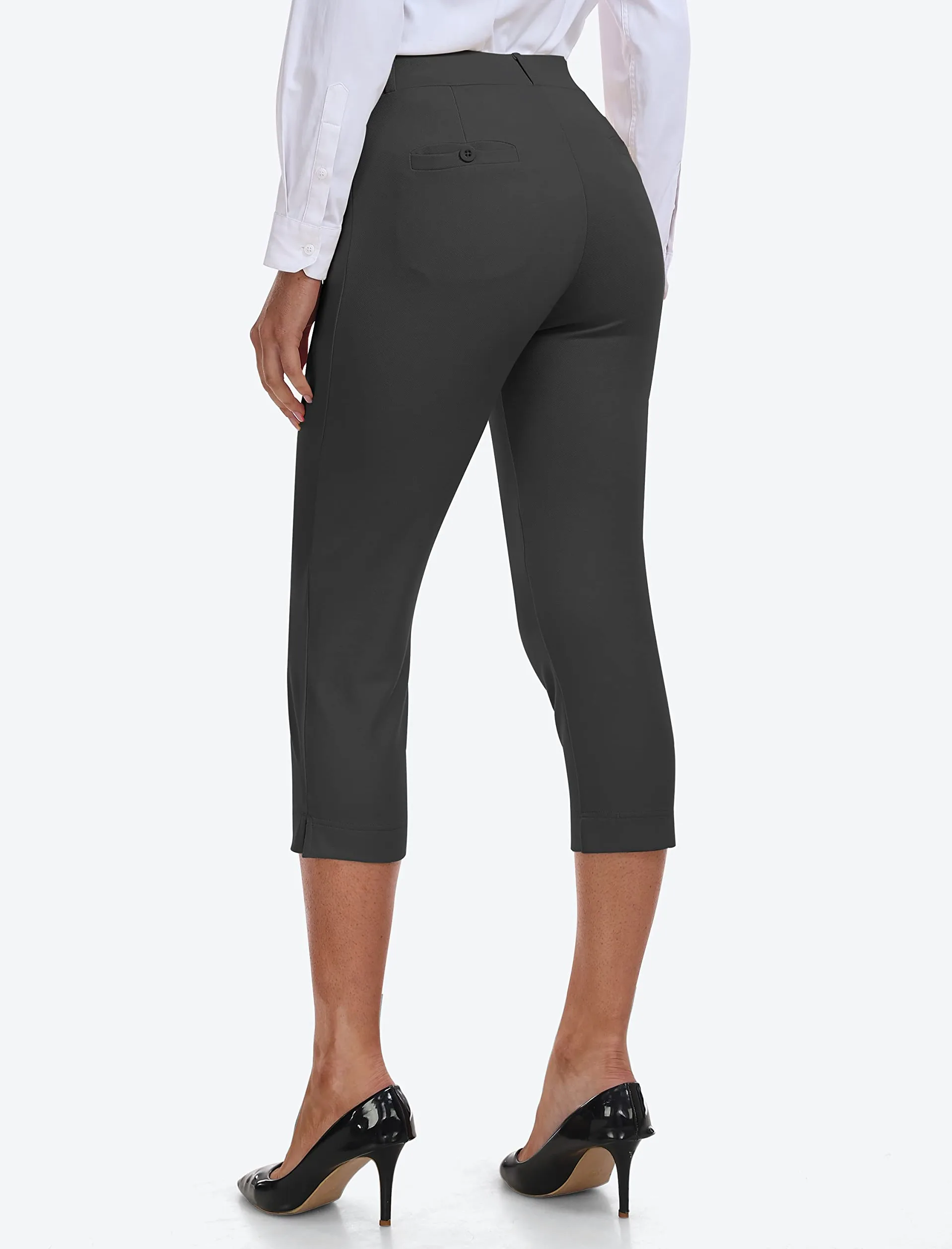 Damen Hosen für Business Stretch Freizeithose High Waist Straight Yoga Bürohose Slim Fit Capri Hosen mit Taschen Schwarzgrau S