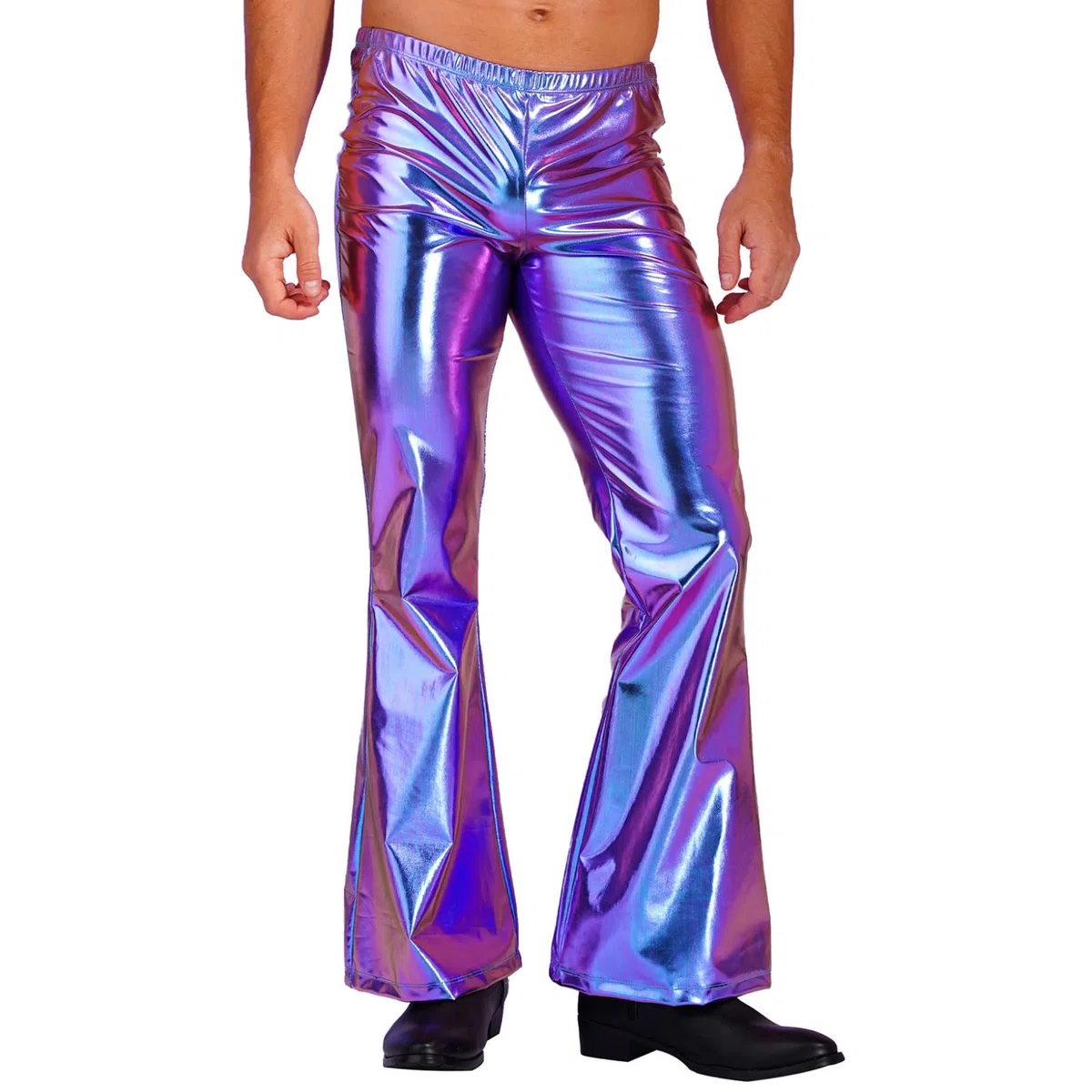 Herren Metallic Hose High Waist Glänzende Leggings Holographic Schlaghose Tanzhose Weites Bein Jazzpants 70er 80er Jahre Nachtcub Party Outfit Bunt XXL