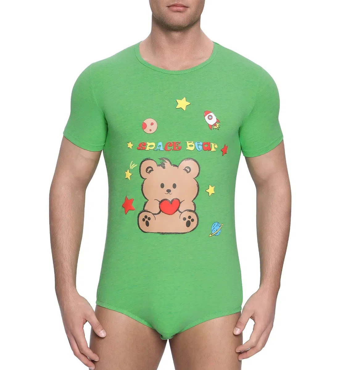 Landofgenie Bodysuit Herren One Piece Schlafanzug Shirt für Männer Kurzarm Jumpsuit Einteiliger Unterwäsche Baumwolle Bedruckte Onesie-Space Bear